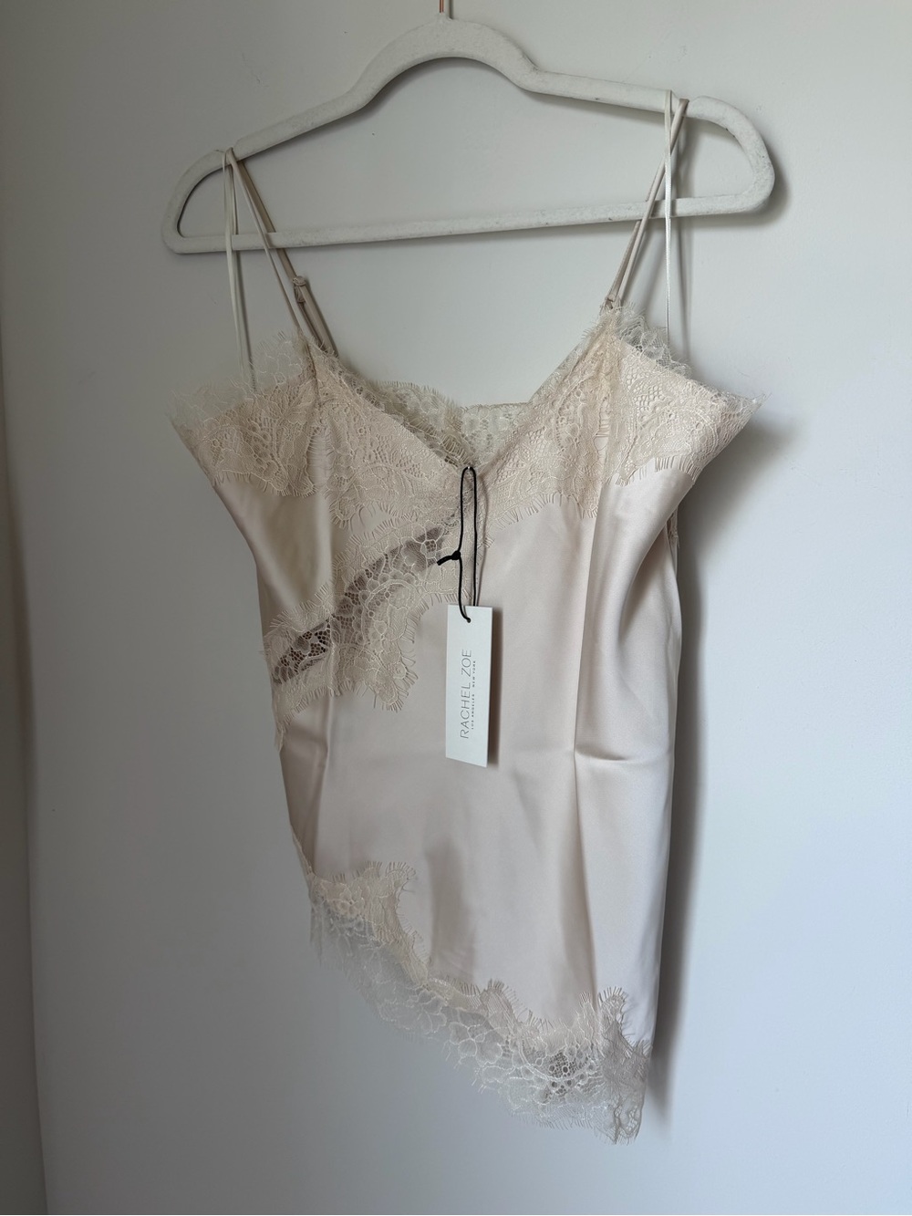 Cream Lace-Trim asymmetrical cami tank top